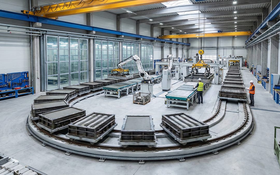 Dây chuyền Carousel sản xuất tà vẹt bê tông tự động hóa cao trong nhà máy hiện đại